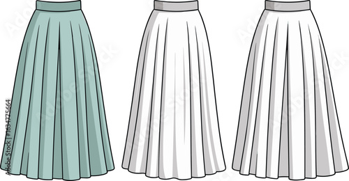Pleated skirt illustration, high waist design, vertical pleats, light green skirt, white skirt, fashion sketch, garment layout, clothing concept