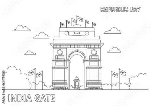 India Gate: Line Art Illustration, Republic Day, Patriotism, Minimalist Design, Vector Graphic