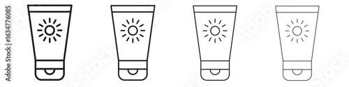 Sun cream icons in black simple line elements.