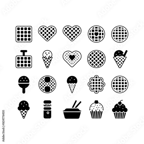 Sweet Treats and Waffle Delights An Array of Black and White Dessert Icons on a White Background