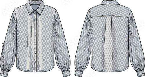Technical fashion sketch, long sleeve shirt design, front and back view, diamond pattern fabric, buttoned cuffs, sewing template, garment construction