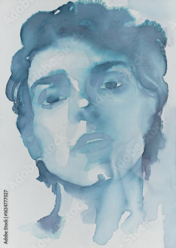 Portrait of a contemplative figure in blue ink and watercolor