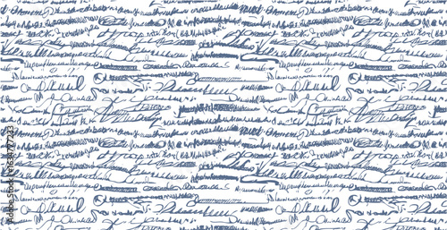 Seamless blue pattern of abstract illegible handwritten text. Vintage grunge bad calligraphy script, old book document. Vector illustration of monochrome unreadable handwriting cursive poetry 