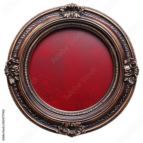Ornate antique oval picture frame with intricate carvings and a rich red velvet inset isolated on transparent background