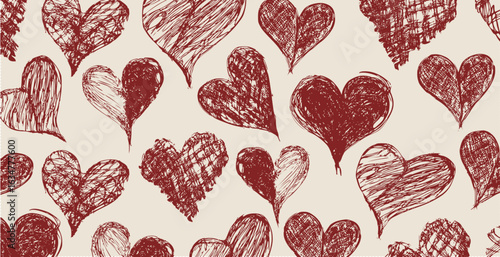 Love themed pattern of abstract illegible hand drawn hearts . Vintage grunge bad calligraphy script, old book document. Vector illustration of monochrome hand drawings. 