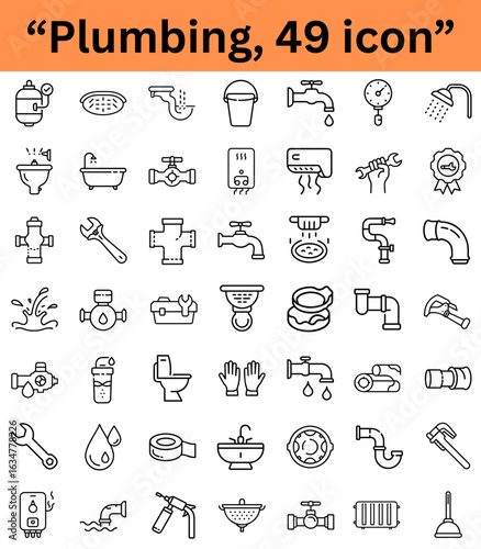 Plumbing icons in simple line art style on white background  