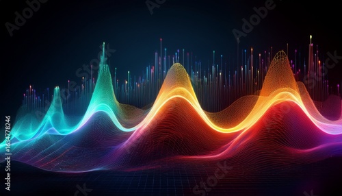 colorful dynamic graph of sine wave fluctuation on a dark background