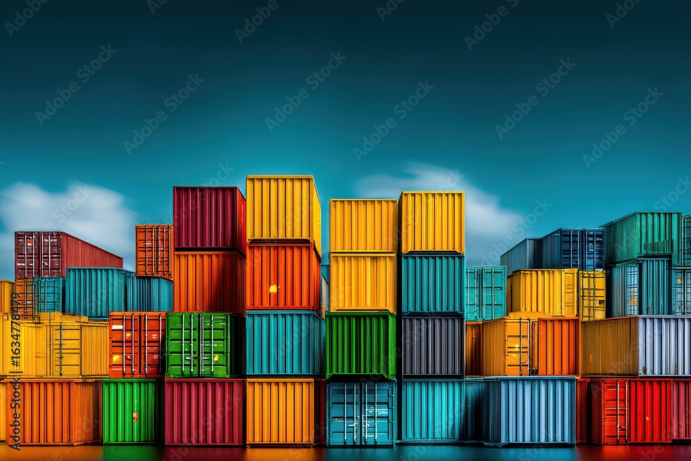 Fototapeta premium Vibrant arrangement of colorful shipping containers at a bustling port under a bright blue sky
