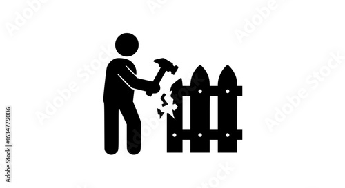 A person breaks a fence black and white