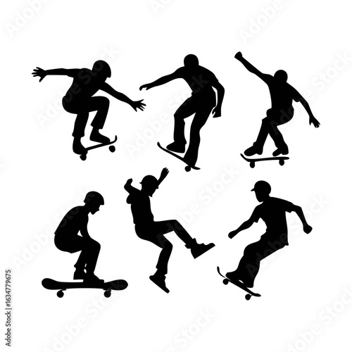 Set of contour silhouettes of skateboarders jumping tricks or ollie pushing with foot. Street culture, vector black and white style.