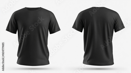 Black t-shirt mock-up template with centered shirt views. 3D t-shirt mock-up in authentic textured design. Creative tone balance and depth finish.