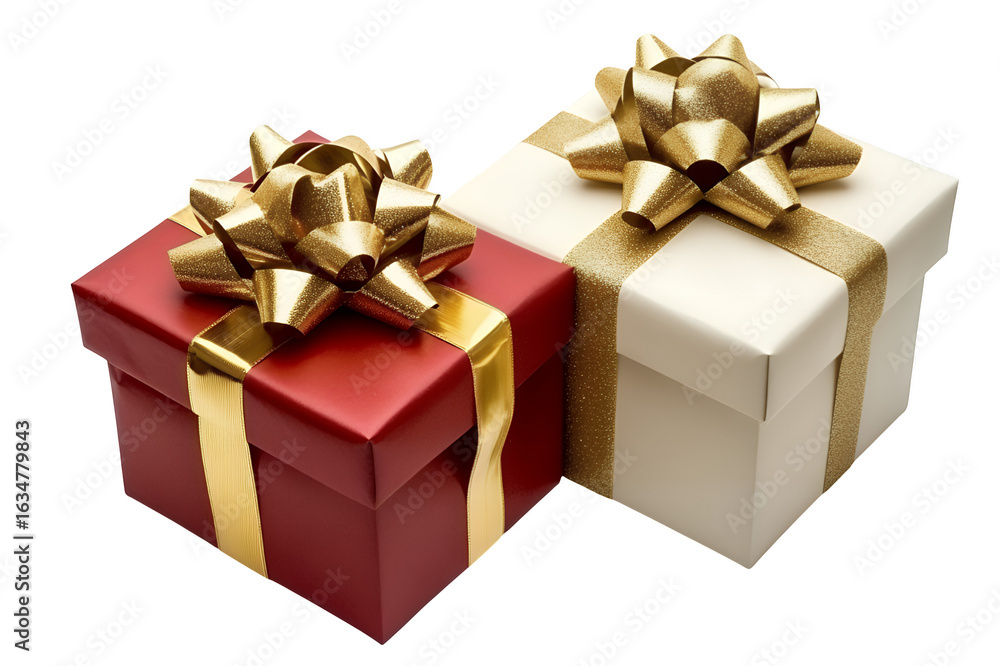 Obraz premium Two beautifully wrapped gift boxes one red and one cream adorned with golden bows isolated on transparent background