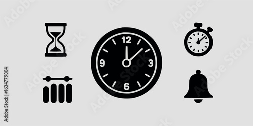 Time Management Icons Set Depicting Urgency and Productivity for Business and Personal Use Black Silhouettes on Gray Background