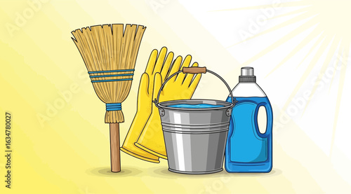 A collection of cleaning supplies including a broom, yellow gloves, a metal bucket, and a bottle of blue cleaning liquid, isolated on a yellow background