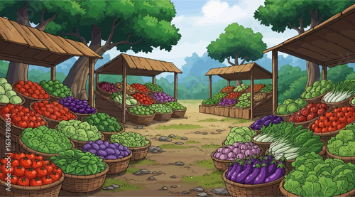 A vibrant outdoor market filled with fresh vegetables and produce displayed in baskets at various stalls, showcasing a colorful and healthy selection