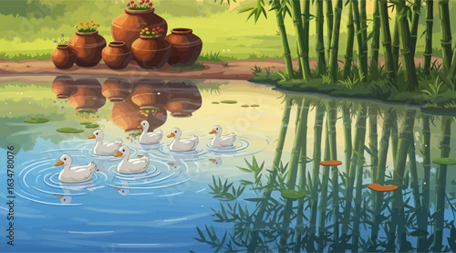 A group of ducks swims peacefully in a tranquil pond surrounded by lush green bamboo and reflections of pottery, evoking a serene natural landscape
