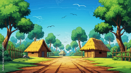 Pixel art depiction of a peaceful rural village scene with traditional wooden huts, thatched roofs, surrounded by lush green trees and a dirt path under a bright blue sky
