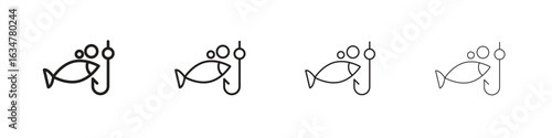 Fishing icons in black simple line elements.