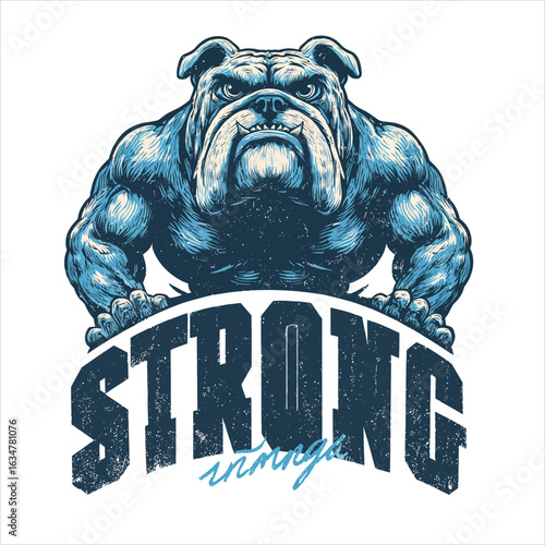 Bold and muscular bulldog mascot illustration featuring a fierce expression, wearing a red shirt with crossed arms and the word 