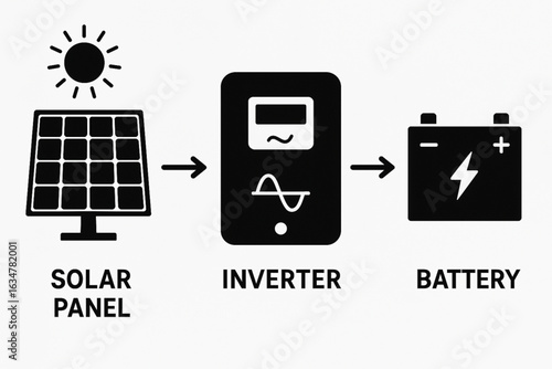 Solar Panel Breakdown Diagram Silhouettes Vector with Inverter and Battery