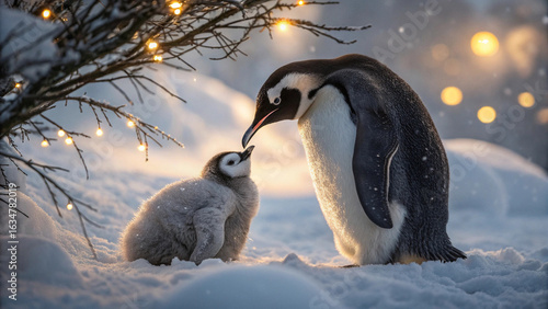 Tender moment between adult and baby penguin in snowy winter wonderland with festive lights