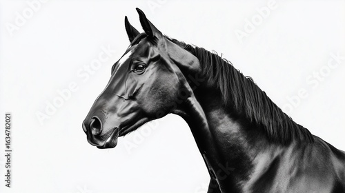Majestic black horse poses in profile, highlighting its smooth coat and strong features beautifully