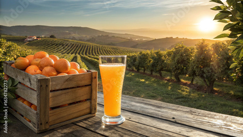 Freshly squeezed orange juice and ripe oranges in a wooden crate amidst vineyard sunset scenery