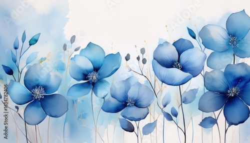 abstract blue floral watercolor an elegant design featuring a delicate row of blue watercolor flowers rendered in a minimalist style with subtle shading and a soft ethereal background