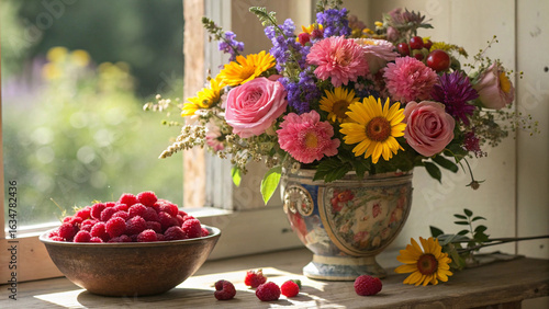 Vibrant summer bouquet and fresh raspberries bathed in soft sunlight by a window