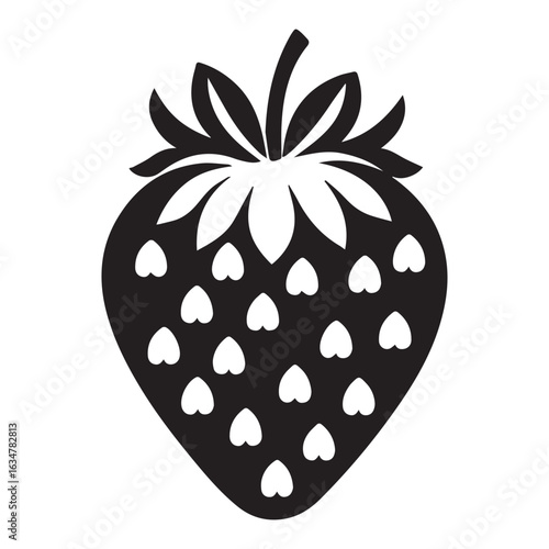 Vector art of a single strawberry, isolated on a white background, depicted as a black and white silhouette illustration, representing sweet, healthy fruit and berries