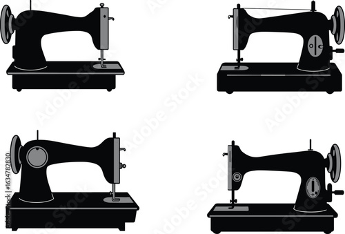 Silhouetted sewing machine set, vintage and modern styles, black icon collection, textile equipment illustration, tailoring tools, grid layout design