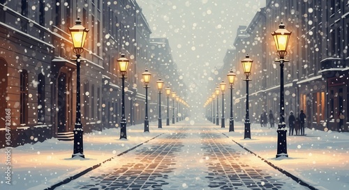 Winter's Embrace on City Street: A historic street scene in winter, lined with glowing lampposts illuminating falling snow, creates a picturesque and nostalgic view.
