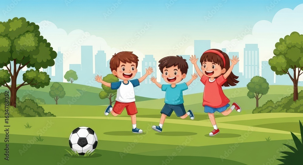 Obraz premium Flat illustration of three happy children playing football in a park on a sunny day