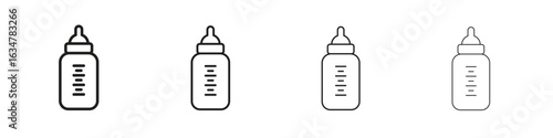 Baby milk bottle icons in black simple line elements.