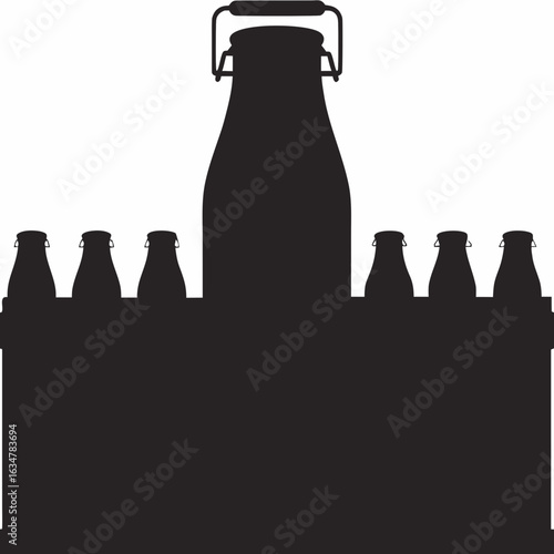 Silhouette of beer bottles in carrier with one large bottle