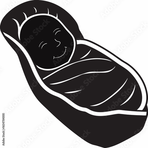 Smiling newborn baby sleeping in a bassinet silhouette