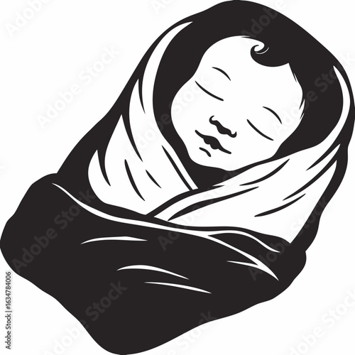 Sleeping newborn baby swaddled black and white vector illustration