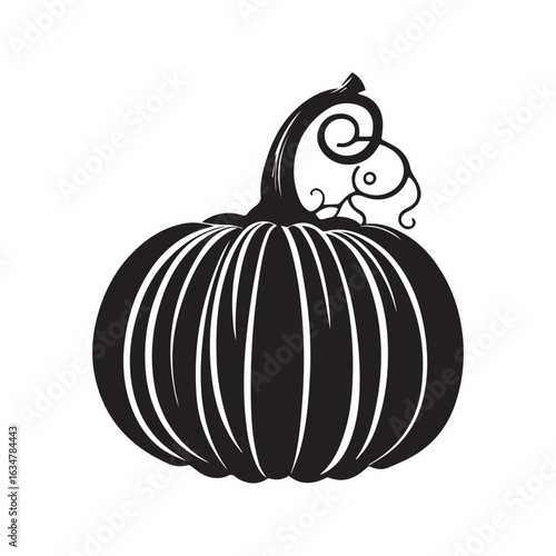 Vector art of single pumpkin with decorative stem and leaves, isolated on white background