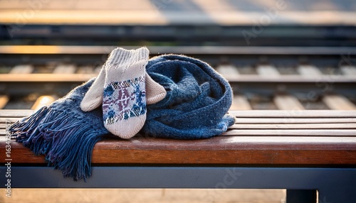 warm scarf and mittens on bench beside train station platform