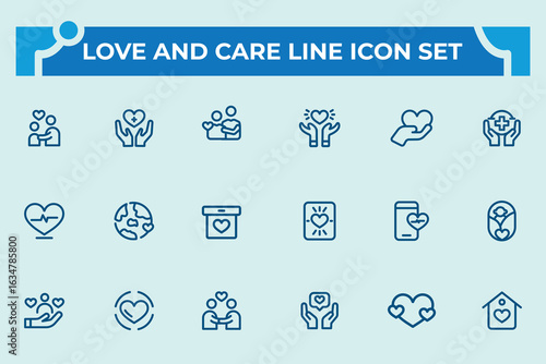 Love And Care minimalist vector icons set. and charity benefit, volunteer, love - emotion, giving, love, care, donation and more.editable stroke icons. Vector illustration