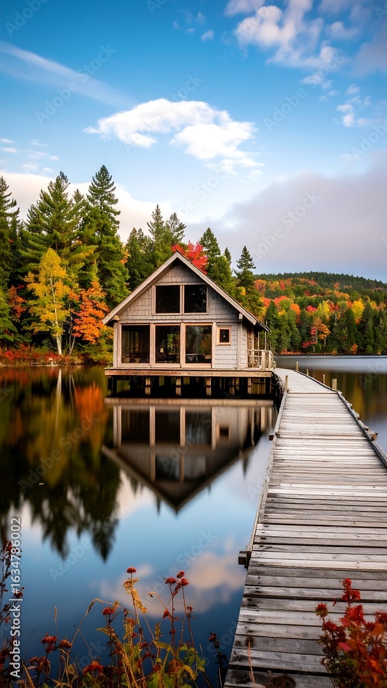 Fototapeta premium Lakeside cabin reflected in calm water, autumn foliage