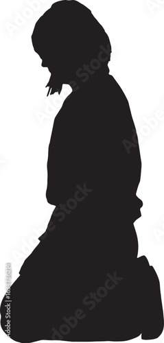 vector,silhouette side view of a woman on knees looking down