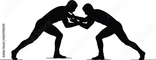 Silhouetted wrestlers in combat stance, intense wrestling match, strength and technique, competitive sports action, dramatic athletic pose, dark background