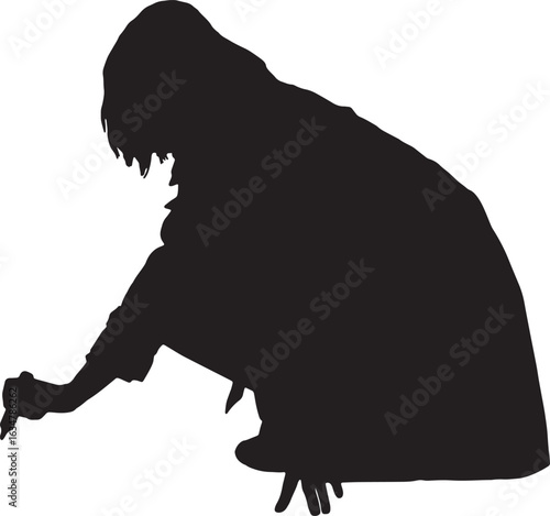 vector,silhouette side view of a woman squatting who is drawing with a marker on the floor