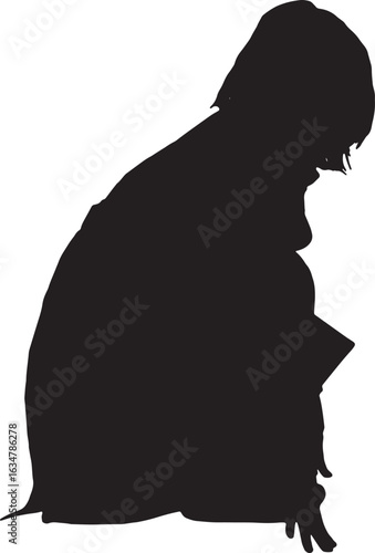 vector,silhouette side view of a woman squatting on white background