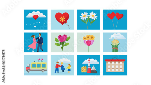 Collection of flat design icons representing love nature and daily life
