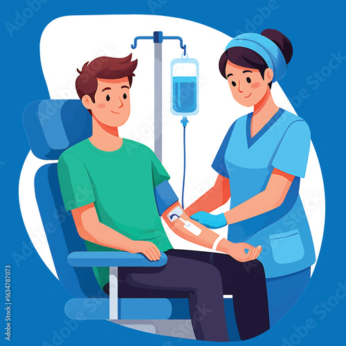 Caring nurse assisting a male patient with intravenous therapy in a medical clinic. Vector illustration.