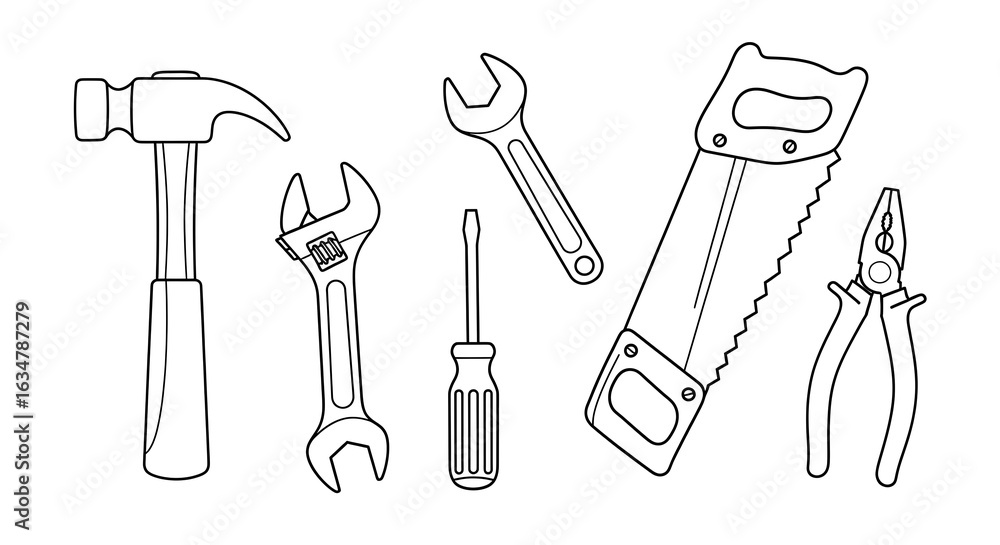 Obraz premium Hand-drawn Line Art: Essential Tools Collection - Hammer, Wrench, Saw, Pliers, Screwdriver.