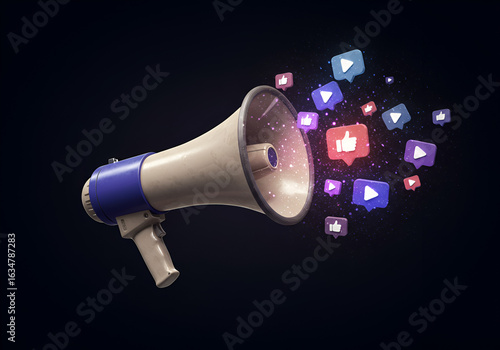 Megaphone Surrounded by Glowing Likes and Play Icons in 3D Style
