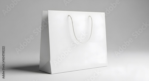 A clean white paper shopping bag with string handles stands upright on a light gray surface, creating a simple mockup.